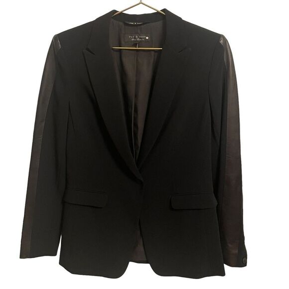 Rag & Bone Store Executive Black Lamb Leather Trimmed Single Button Blazer - Picture 2 of 11